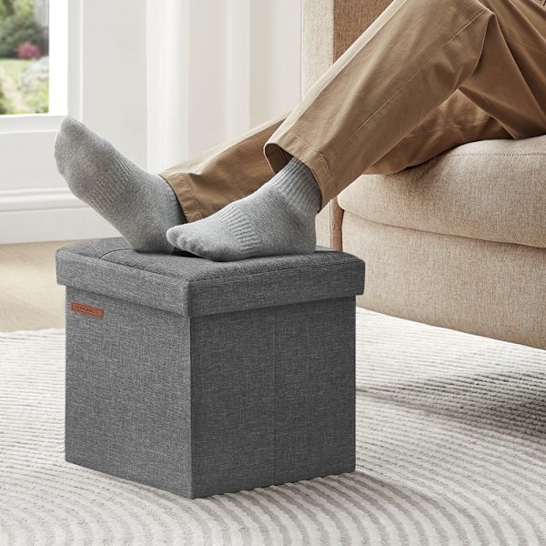 Foldable Soft Footstool with Storage in Dark Grey Fabric