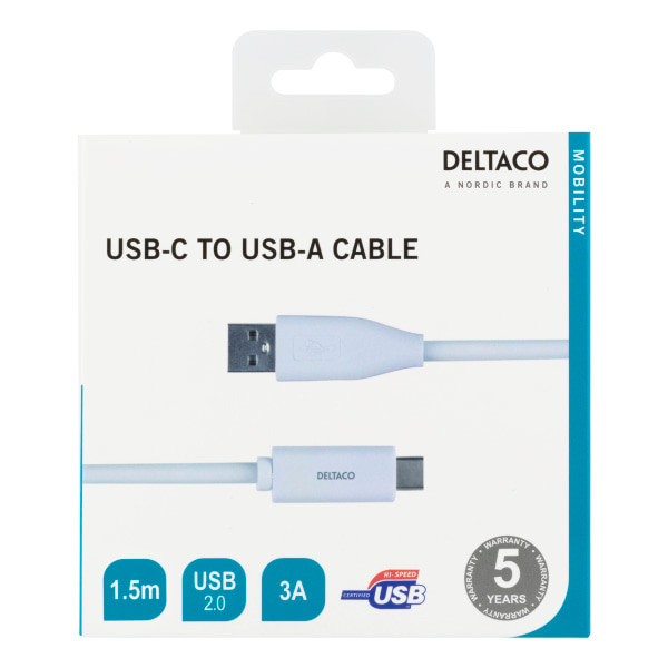 USB-C til USB-A kabel, 1,5 m, 3A, USB 2.0, hvid