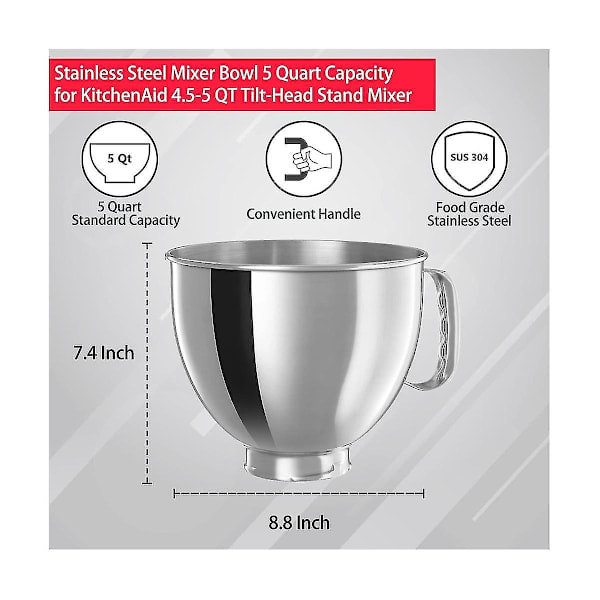 Rostfri skål för KitchenAid Classic & Artisan Series 4.5-5 QT Tilt-Head Mixer, 5 Quart 304 Rostfri Skål - Finns i Lager Silver