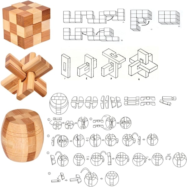 Set of 9 3D Wooden Puzzles, IQ Challenge Game, Small Logic Puzzle Box Toy for Disassembly and Assembly Interlock Puzzles