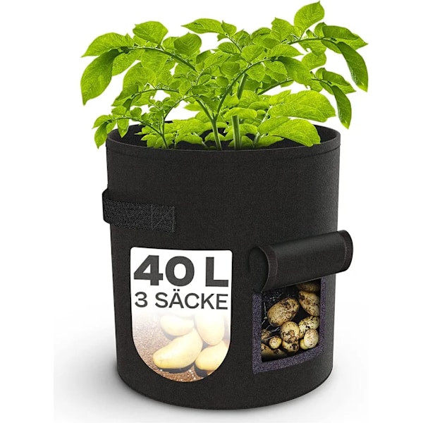 Potatissäck planteringspåse set om 3 - 40L stor - med visningsfönster och plugg för märkning - vattengenomsläpplig - inomhus- och utomhusbruk