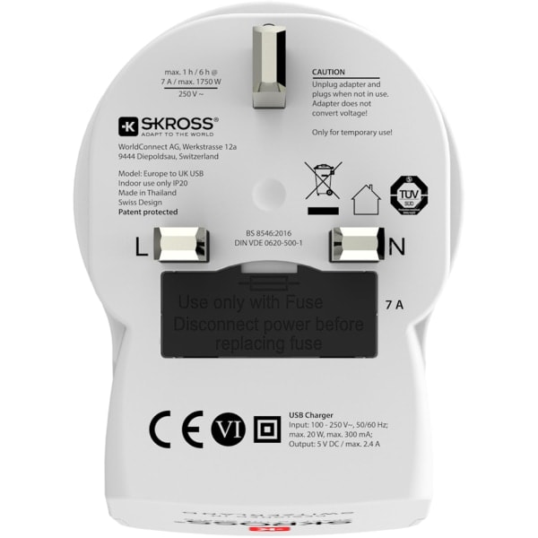 Matkasovitin Euroopasta Iso-Britanniaan ym. 2xUSB-A 12W Maadoitettu
