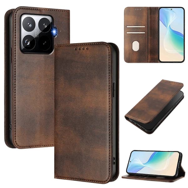 Wallet Case til Xiaomi 15T Pro Retro Tekstur Læder Telefon Cover Brown