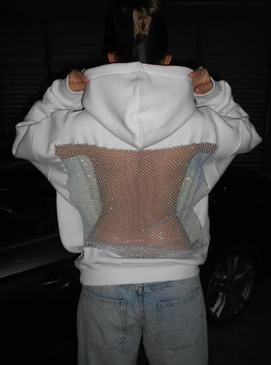 Backstage Kristall Mesh Hoodie | Trendig Streetwear Pullover Tröja *M*Vit Vit White M
