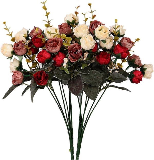 Konstgjorda sidenblommor Rosbukett, 2-pack Röd och Kaffe, Heminredning, Bröllopsblomsterarrangemang