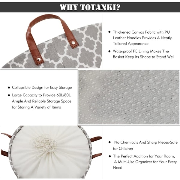 48L Large Laundry Basket with Durable Leather Handle, Drawstring