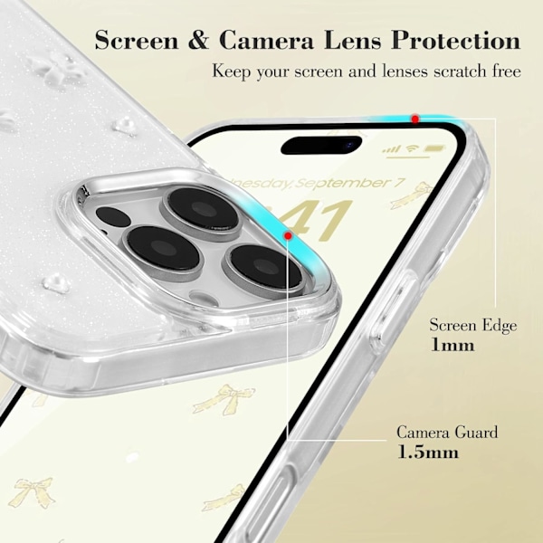 Skal till iPhone 16 Pro Max, Bling Glitter 3D Rosett Mobilskal Glittrande Kristallklar Rosett Slim Mjukt Tåligt Skyddande Fodral Vit