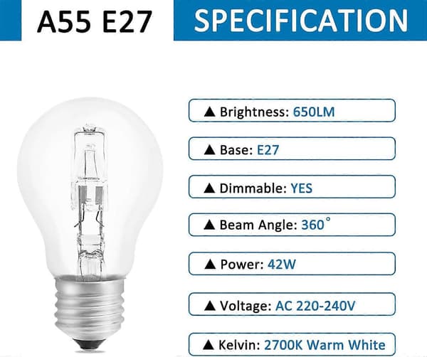 Halogenlampa E27 A55 42W Dimbar, AC220-240V, 650LM Varmvit 2700K, Transparent E27 Halogen Globlampa, 5-pack
