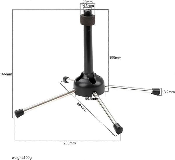 Et sæt tilbehør kompatibelt med klarinet blæseinstrumenter. Sort, foldbart 4-benet stativ til klarinet.