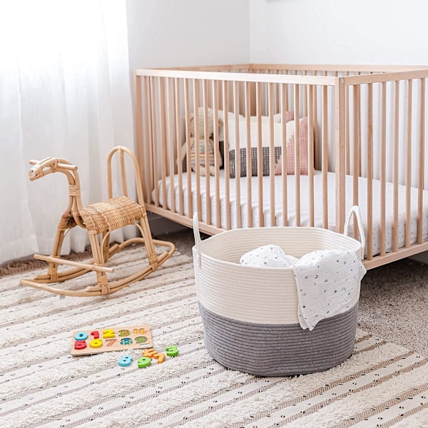 Oppbevaringskurv for tepper 50x33cm, Kurv for skittentøy, Tauoppbevaringskurv, Stor organiseringskurv for hjemmeinnredning, Leketøyoppbevaringskurv, Grå/Hvit