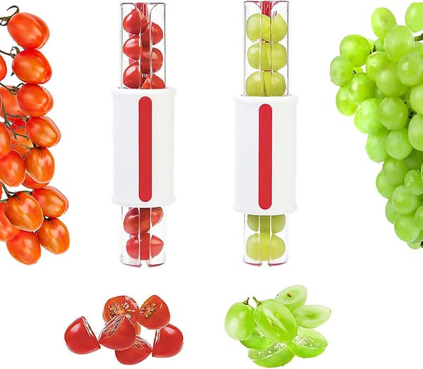 Fruktbiter (røde), drue-/kirsebær-/tomatbiter, fruktkakedekorasjoner