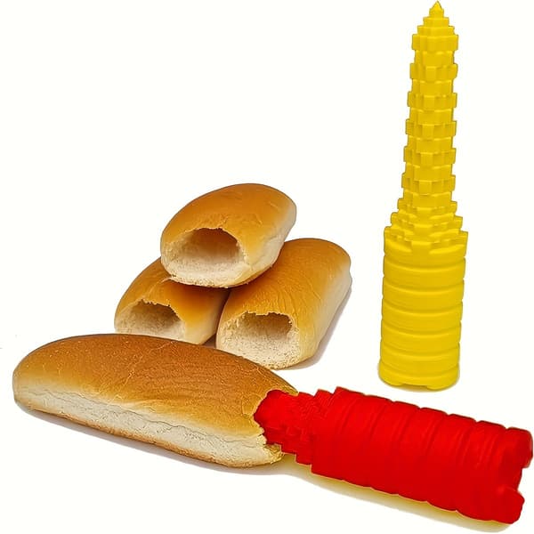 Pølsebrødbor og pølsefesteholder i plast, egnet for grilling.