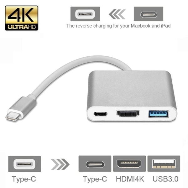 USB-C Multiport -sovitin USB:lle, USB-C:lle (USB PD), 4K HDMI-yhteensopiva, hopea
