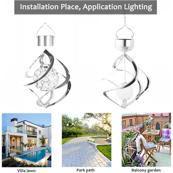 Solcelledrevet vindklokke lys, LED spiral spinner flerfarget lampe, hengende roterende kulelys for hagedekorasjon, A