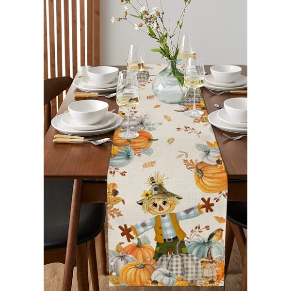 Thanksgiving Bordløper med Fugleskremsel, Landlig Gresskarhøst Lin Bomull Bordløper Kommodesjal, Høst 33x229 cm