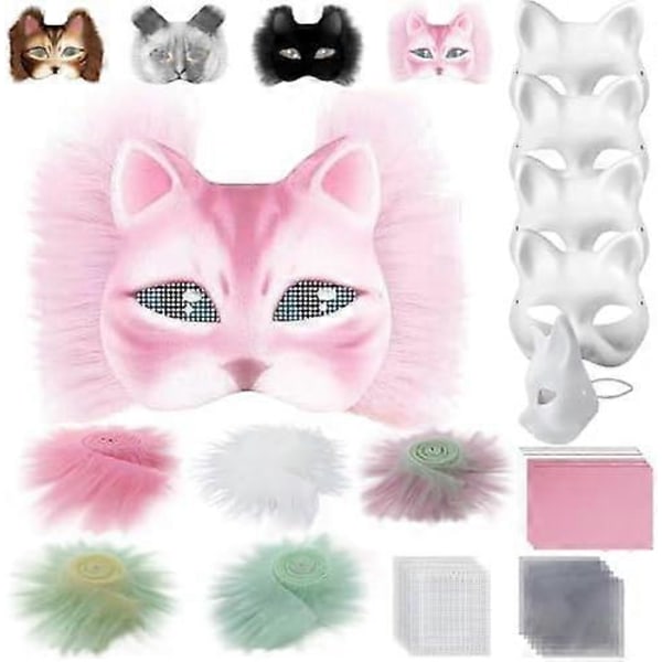 Kattemaske med pels og nettingøye, tomme papirmasker for DIY, hvite malingspapirmasker, kattemaske for DIY Halloween Mardi Gras-fest Rose-29pcs