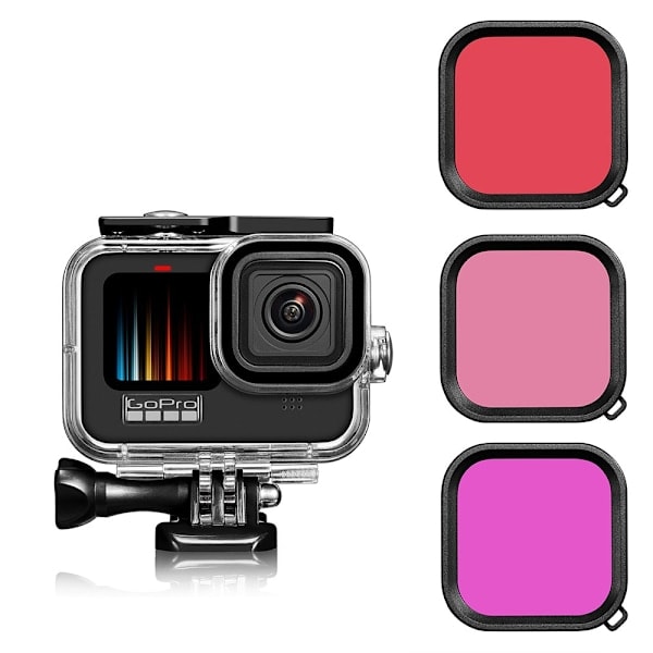 Vanntett beskyttelsesetui for GoPro 11/10/9 undervannshus med 3 filtre