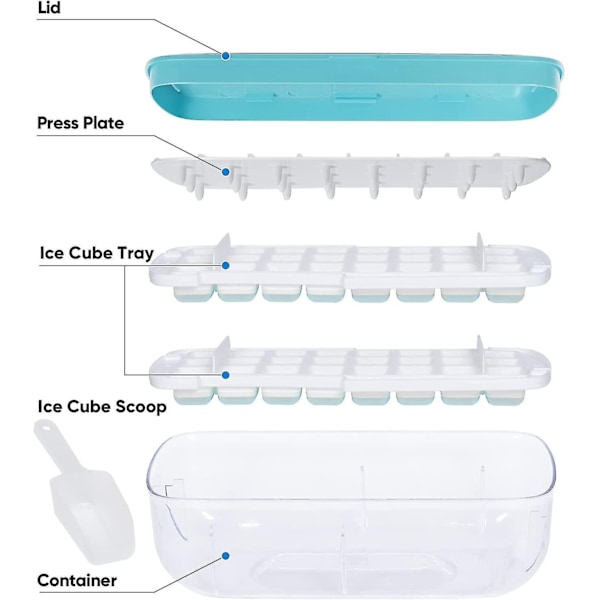 Silikon isbitbricka med lock och behållare, 48 rutnät trycktyp isbitformar levereras med förvaringsbehållare och isskopa
