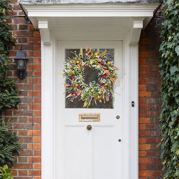 Forår-sommer dørkrans til hoveddør, kunstige vilde blomster-forårskrans, dekorative multifunktionelle kranse Farverig forår-sommer-guirlande 35cm