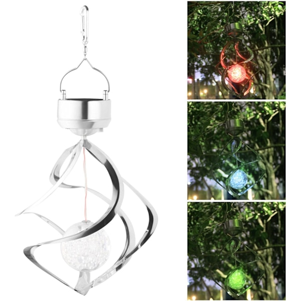 Solcelle vindspil lys, LED spiral spinner flerfarvet lampe, hængende roterende kuglelys til havedekoration, B