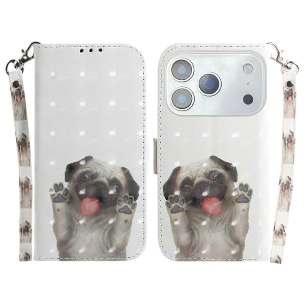 Kompatibel med iPhone 17 Pro Max Etui Mønstertryk Læderpung Telefonetui med Håndledsrem Multicolor Pug
