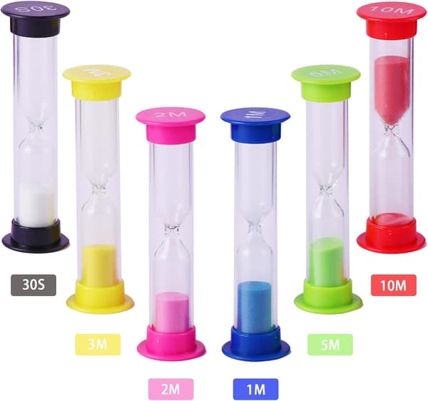 Sandur, 6 farvede timeglas, med timere på henholdsvis 30 sekunder/1 minut/2 minutter/3 minutter/5 minutter/10 minutter.