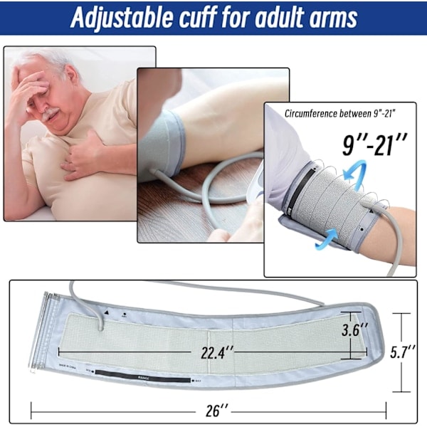 Extra stor manschett kompatibel med Omron 9-21 tum (22-52 cm) XL blodtrycksmanschett för vuxna, grå