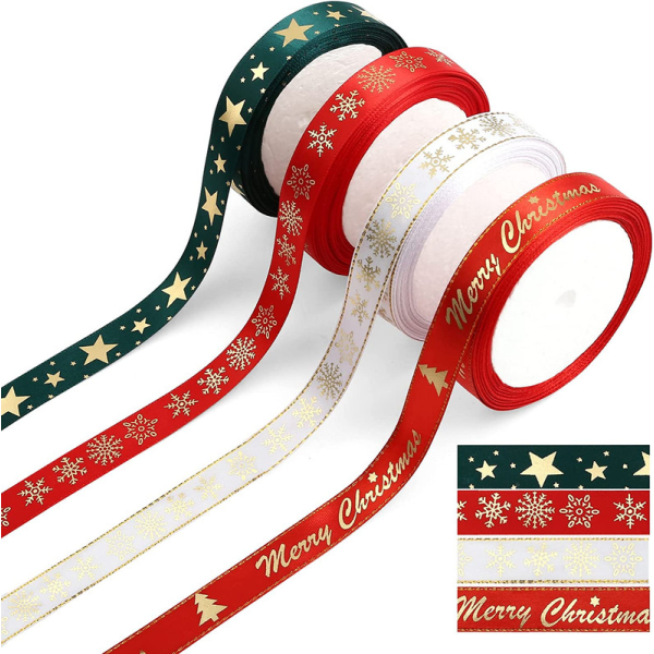 4 Rolls Ribbon Presentband Julband Julband Röd, Grön, Vit