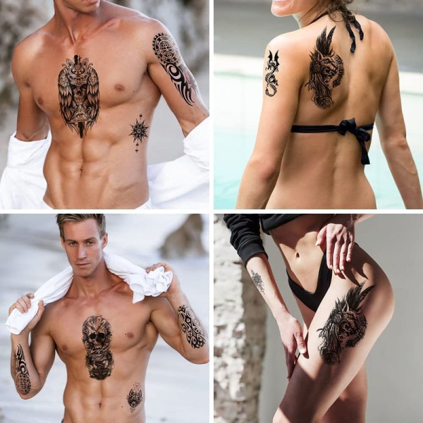 Svarta tillfälliga tatueringar för män, 30 delar 3D realistiska vattentäta tatueringar