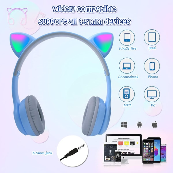 Cat Ear-hörlurar för barn, Bluetooth hörlurar, LED-ljus för barn,