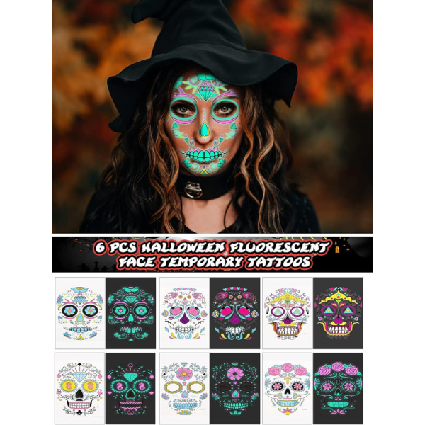12PCS Halloween Face Tattoos Fluorescence (6PCS Fluorescerande)