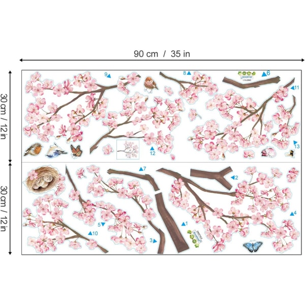 Rosa Blossom Tree Väggdekaler Fåglar på gren Väggdekaler 80 cm