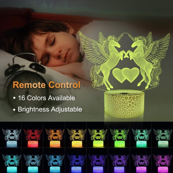 Unicorn 3D nattljus, optisk illusion LED sänglampa med fjärrkontroll 16 färger