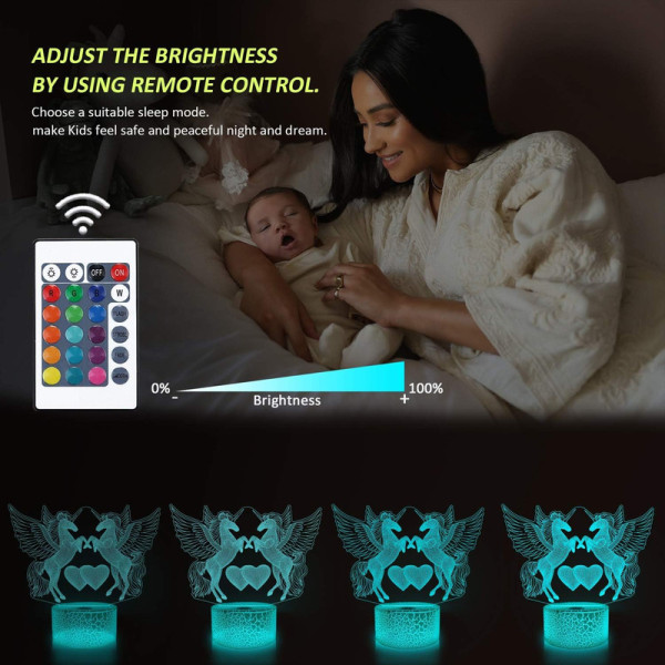 Unicorn 3D nattljus, optisk illusion LED sänglampa med fjärrkontroll 16 färger
