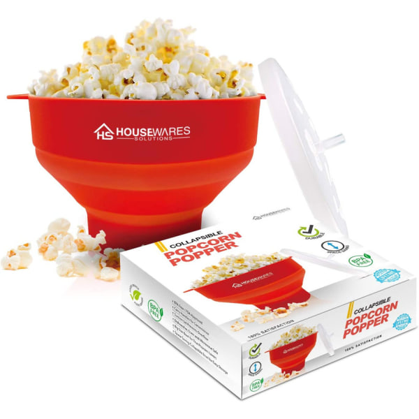 Hopfällbar silikon mikrovågsugn varmluft popcorn popcorn skål med lock och handtag (röd)