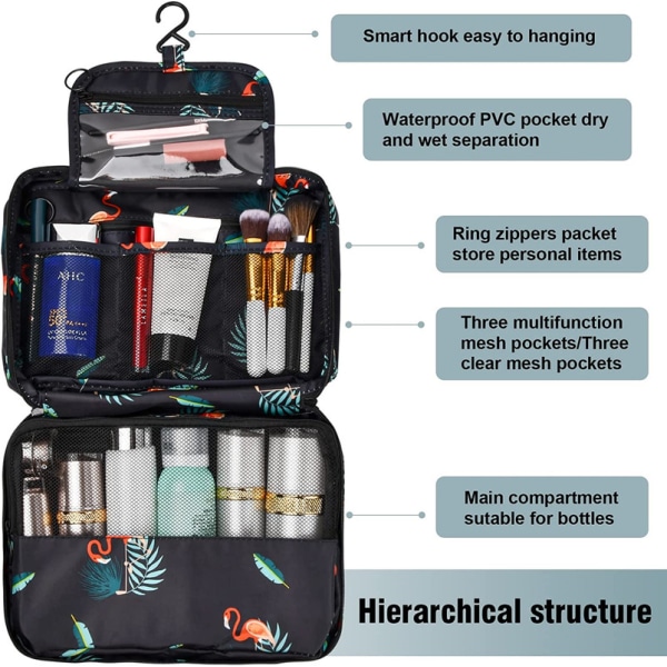 Bärbar rese-toalettväska 25,5 x 17 x 8,5 cm Hängande sminkväska med 4 fack