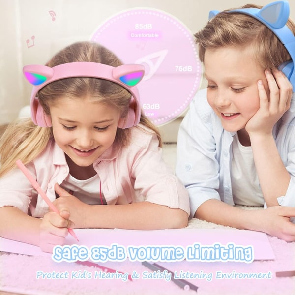 Cat Ear-hörlurar för barn, Bluetooth hörlurar, LED-ljus för barn,