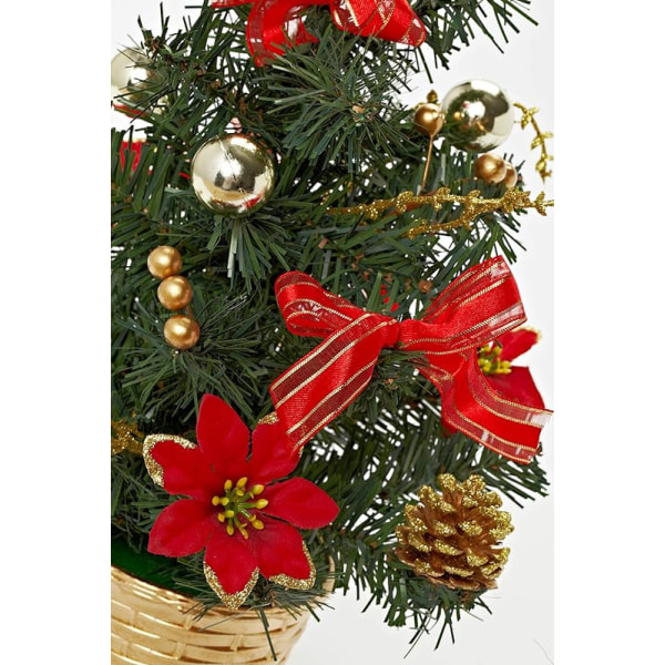 Dekorerad julgran – liten konstgjord julgran med smycken – guld, grön, röd – plastträd