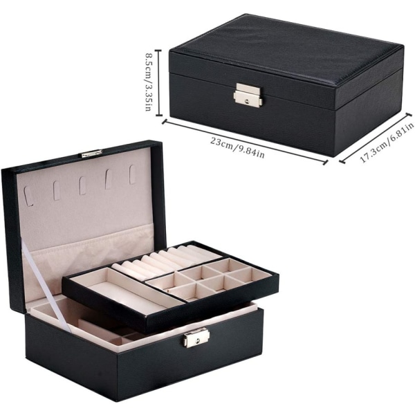 Smyckeskrin Organizer, 2 lager läder smycken case med lås och avtagbar bricka