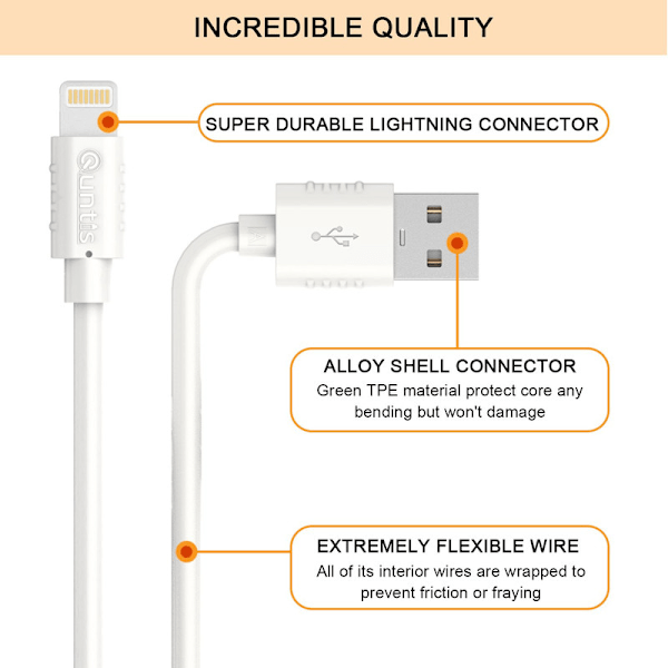 Quntis 2M iPhone-laddningskabel MFi Lightning-kabel kompatibel med iPhone XS, XS Max, XR, X, 8, 8 Plus