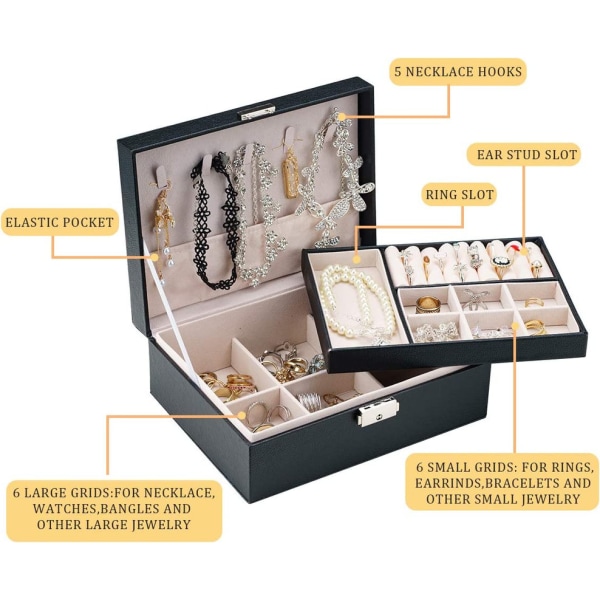 Smyckeskrin Organizer, 2 lager läder smycken case med lås och avtagbar bricka