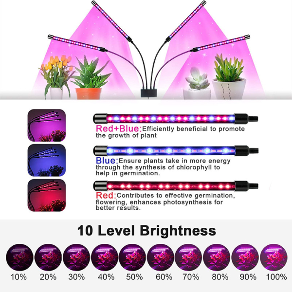 Växtlampa LED 80W Grow Light med stativ Stativstativ, 4-huvuden växt