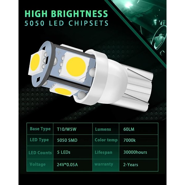 10 st T10 501 LED-lampor 24V W5W 194 168 2825 Wedge Lumens (vit)