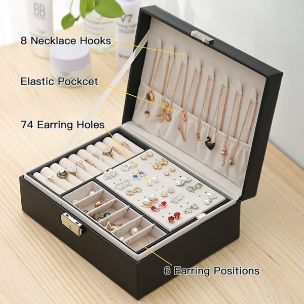 Smyckeskrin, smyckeförvaring PU-läderförvaringslåda för ringar, örhängen, armband och halsband (svart)