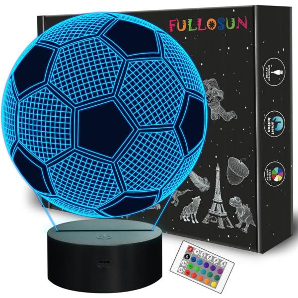 3Fotbollsnattljus 3D-effekt Visual Illusion-lampa med fjärrkontroll, 16 färger som ändras