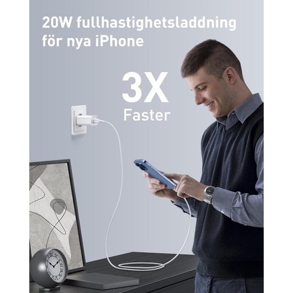 USB C-laddare 20W, Snabbladdare för iPhone 15, 15 Pro Max, 15 Pro, 15 Plus med 60W