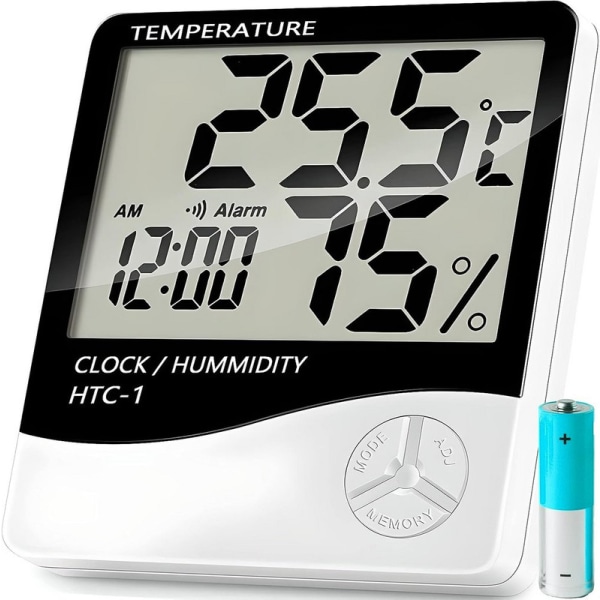 Digital vit termometer inomhus med hygrometer och väckarklocka, digital klocka med temperatur