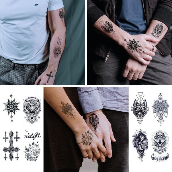 Svarta tillfälliga tatueringar för män, 30 delar 3D realistiska vattentäta tatueringar