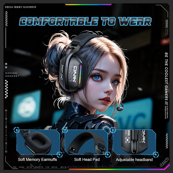 Onikuma GT808 Svart Over-the-Head Tri-Mode Bluetooth Headset svart