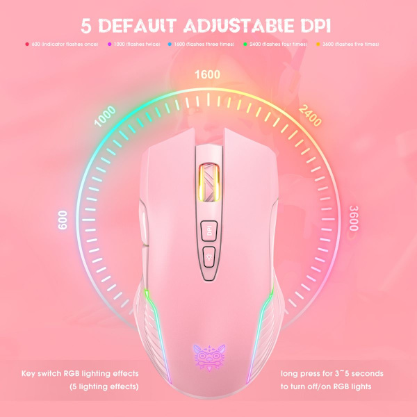 ONIKUMA CW905 Trådlös RGB Rosa Bluetooth USB 3600 DPI Spelmus rosa